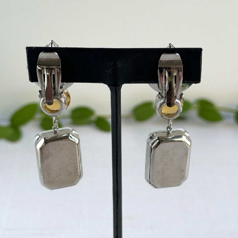 1990s Clip-On Statement Earrings, Black Navette, Yellow and White Glass Drops - Picture 5 of 6
